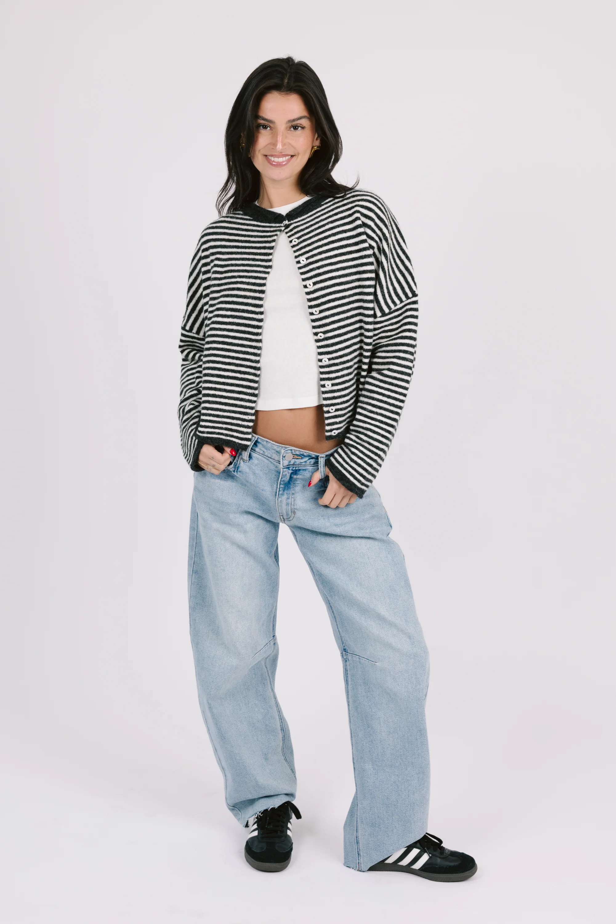 Phoebe Cardigan in Charcoal/White Stripe - Image 4