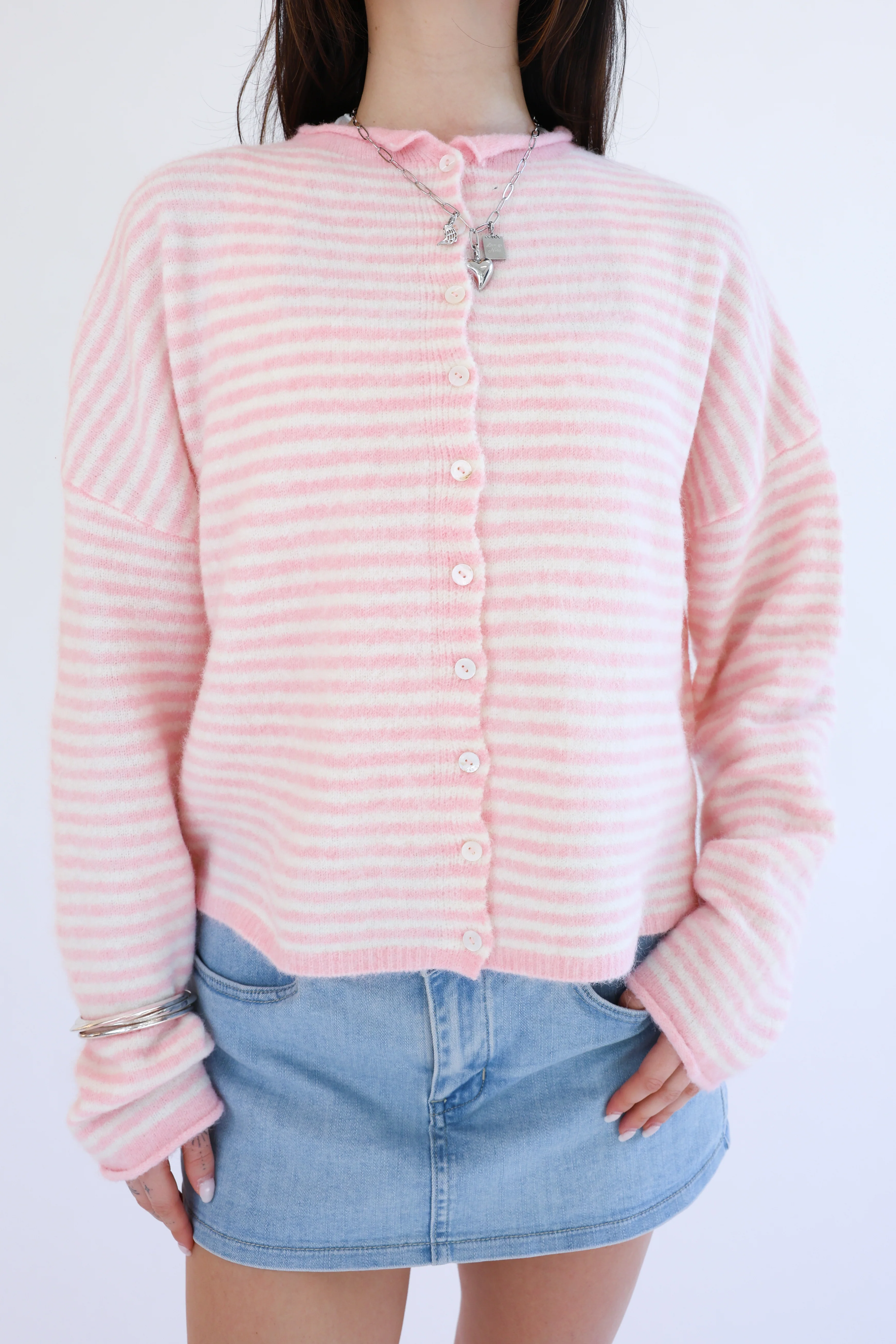 Phoebe Cardigan in Pink/White Stripe - Image 3