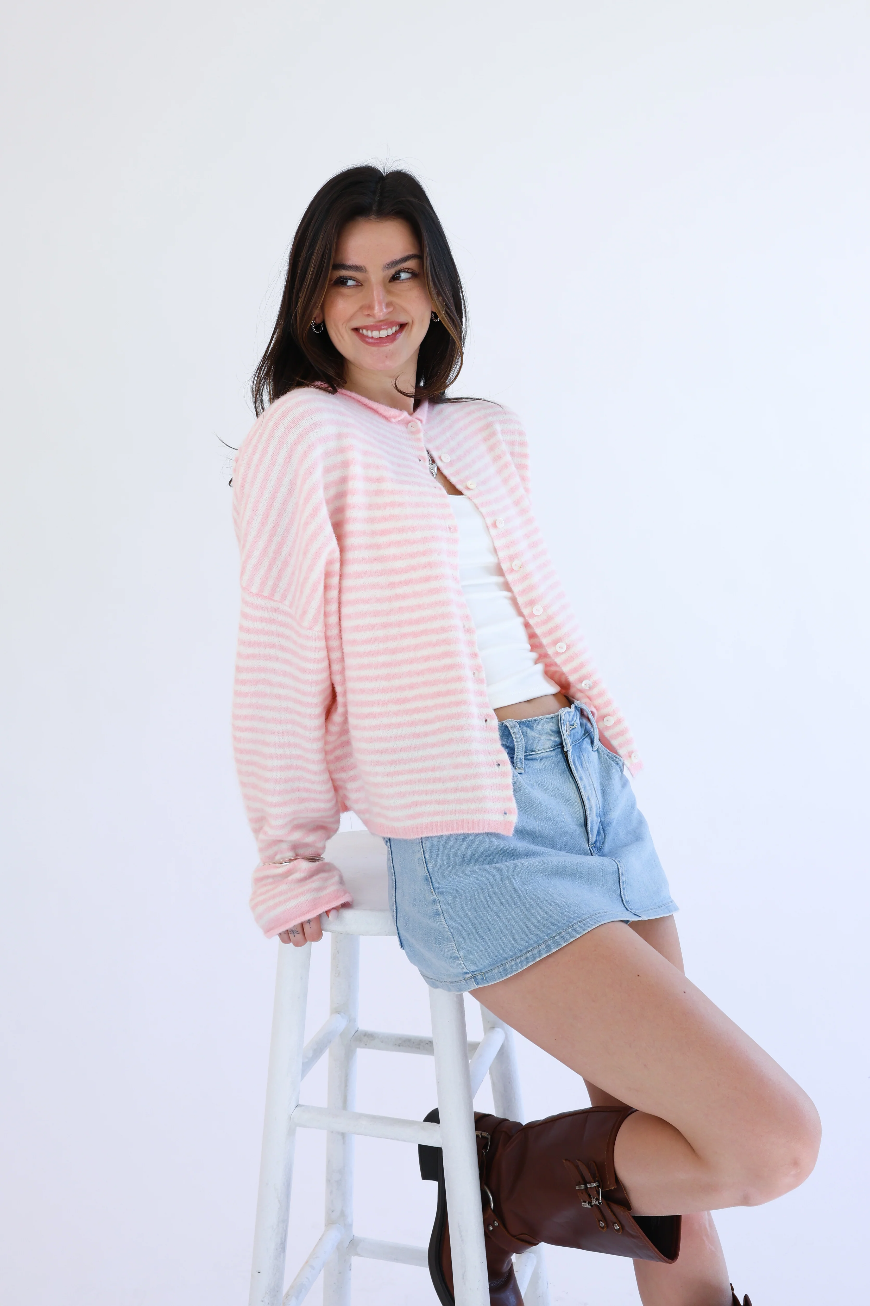 Phoebe Cardigan in Pink/White Stripe - Image 4